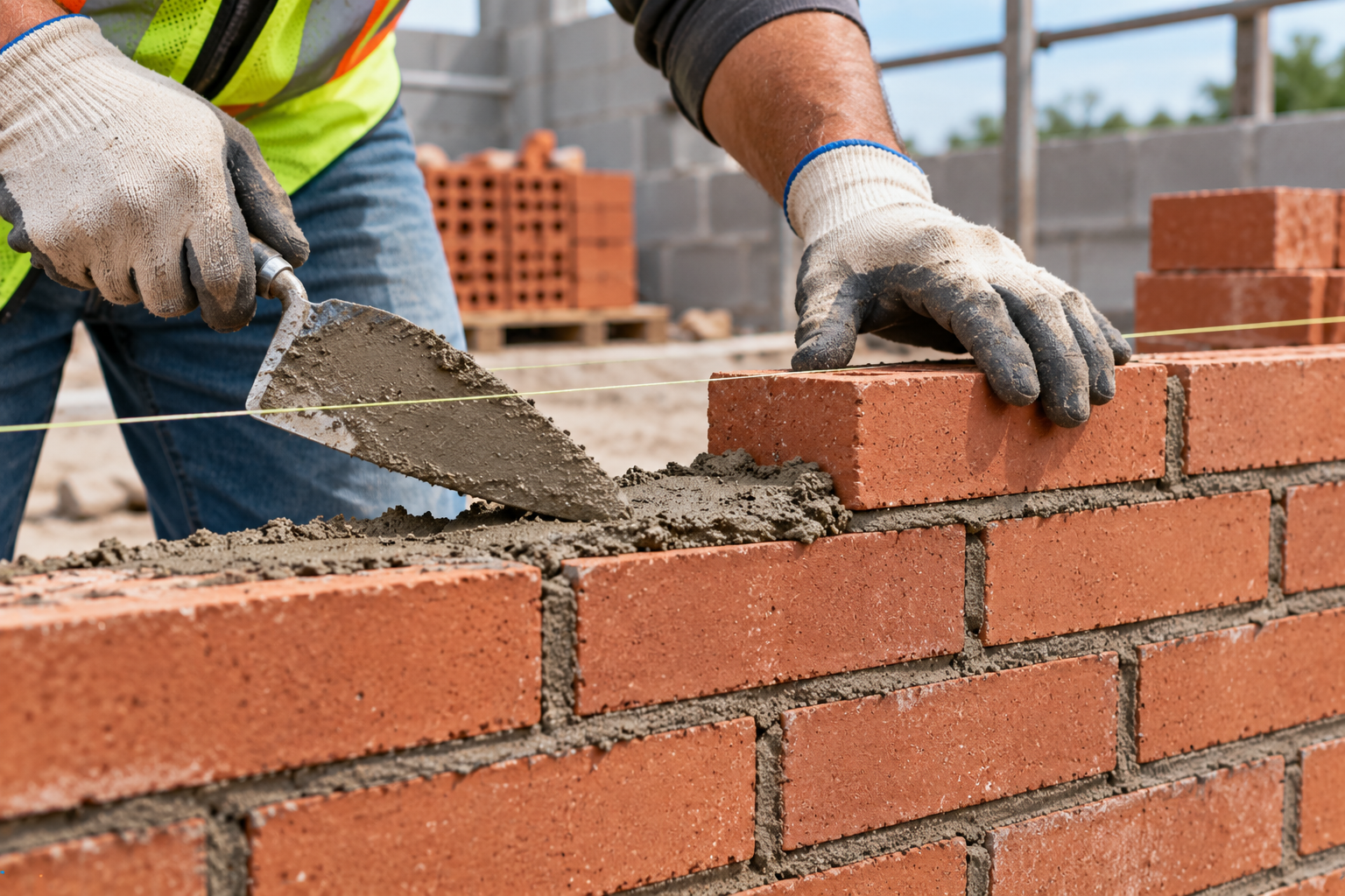 Mason applying fresh mortar with a trowel while laying red bricks along a string line.